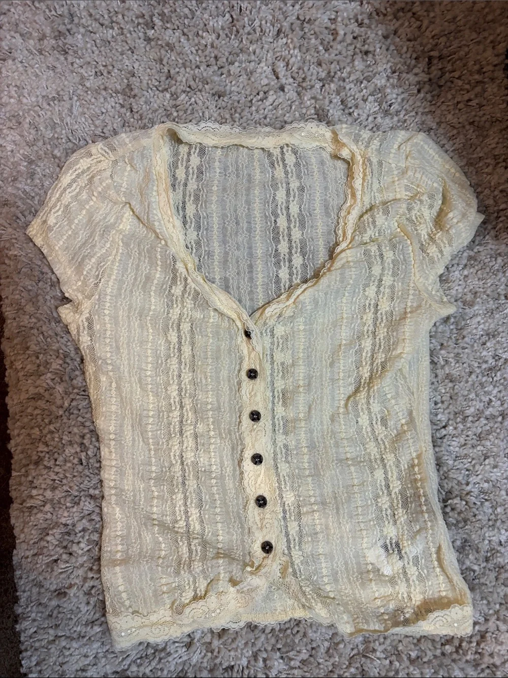 Lace-Trim Cream Button Front Blouse